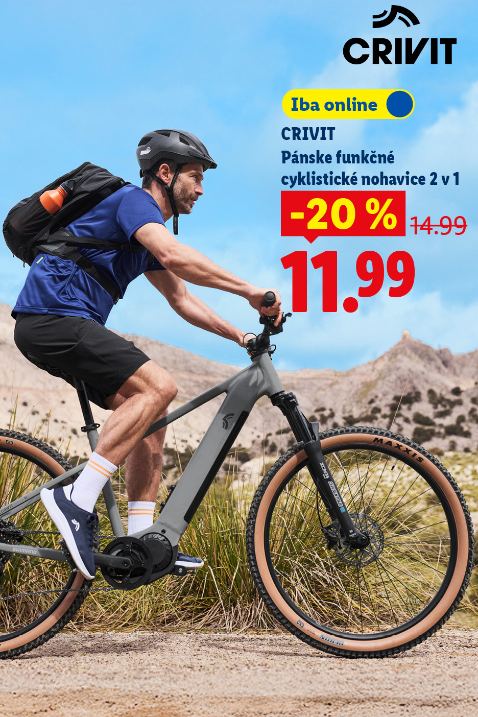 Cyklistika: Muž na bicykli a pánske funkčné cyklistické nohavice 2 v 1 so zľavou 20 % za 11,99 €.