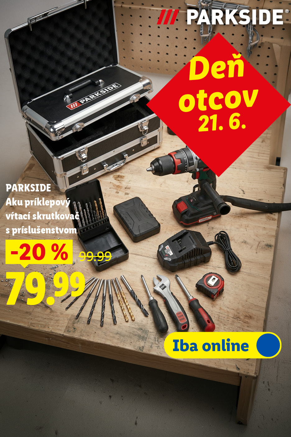 Deň otcov 21.6. Akumulátorová vŕtačka s príslušenstvom a kufríkom, zľava 20% za 79,99 eur.