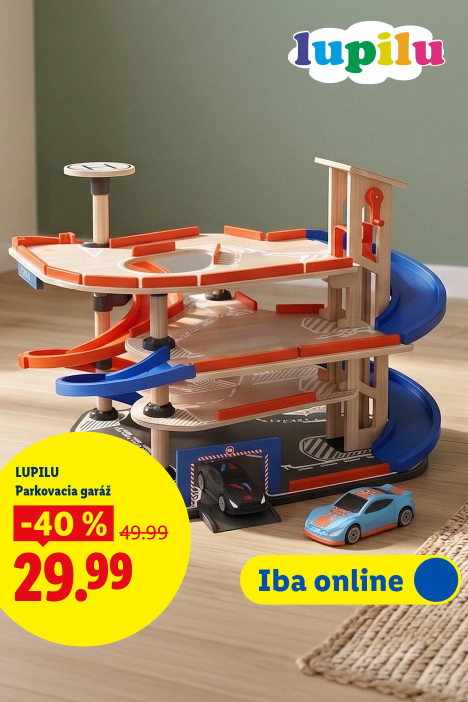 Detské kráľovstvo: Drevená parkovacia garáž s autíčkami, zľava 40% na 29.99.