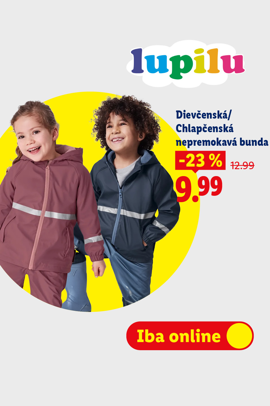 Detské nepremokavé bundy a nohavice v ružovej a modrej farbe, zľava 23% na 9,99 €.