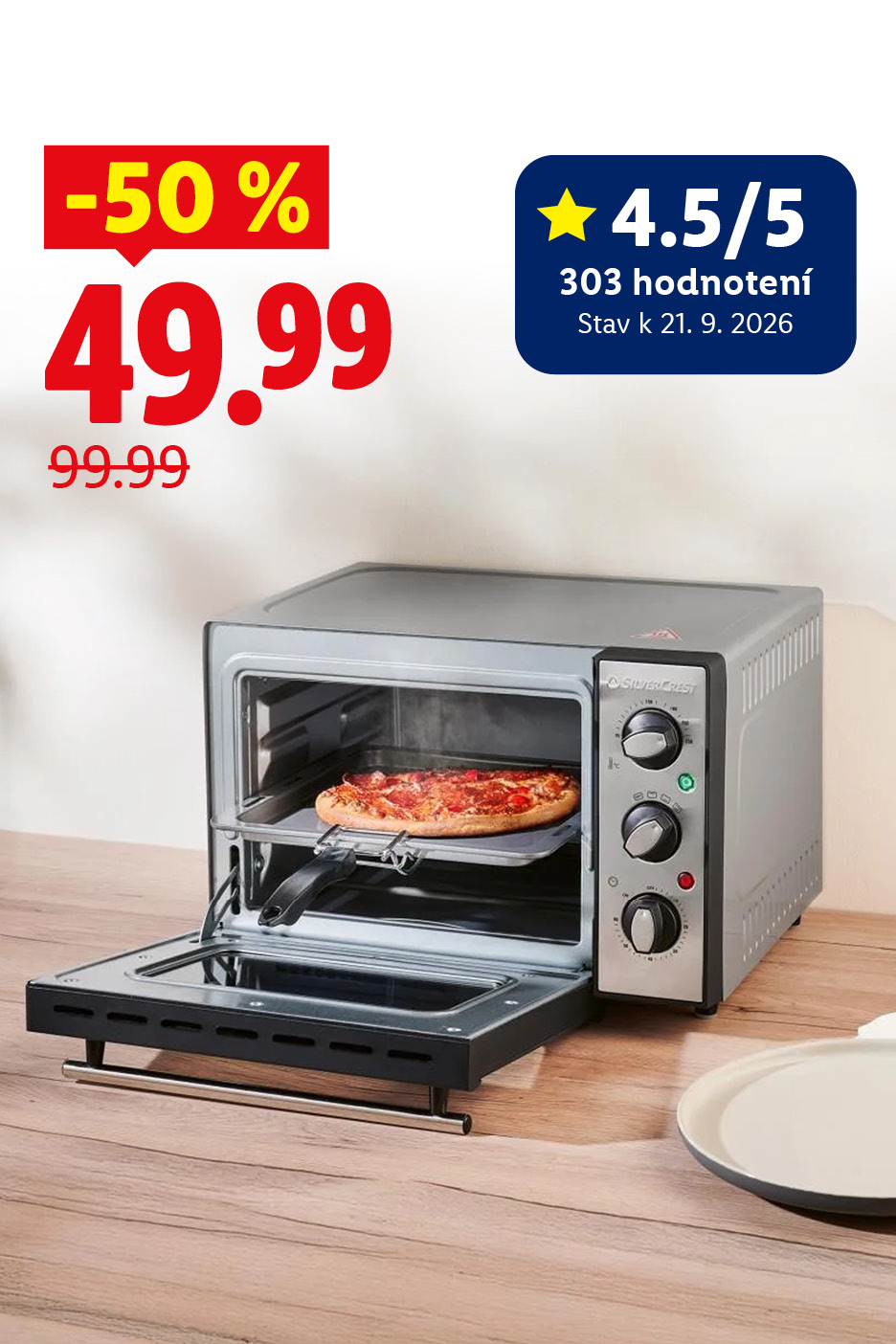 Dizajnová kuchyňa pre každého: Silvercrest mini rúra na pečenie za 49,99 € (-50 %, pôvodne 99,99 €) s hodnotením 4.5/5 (303 hodnotení k 21. 9. 2026) iba online.
