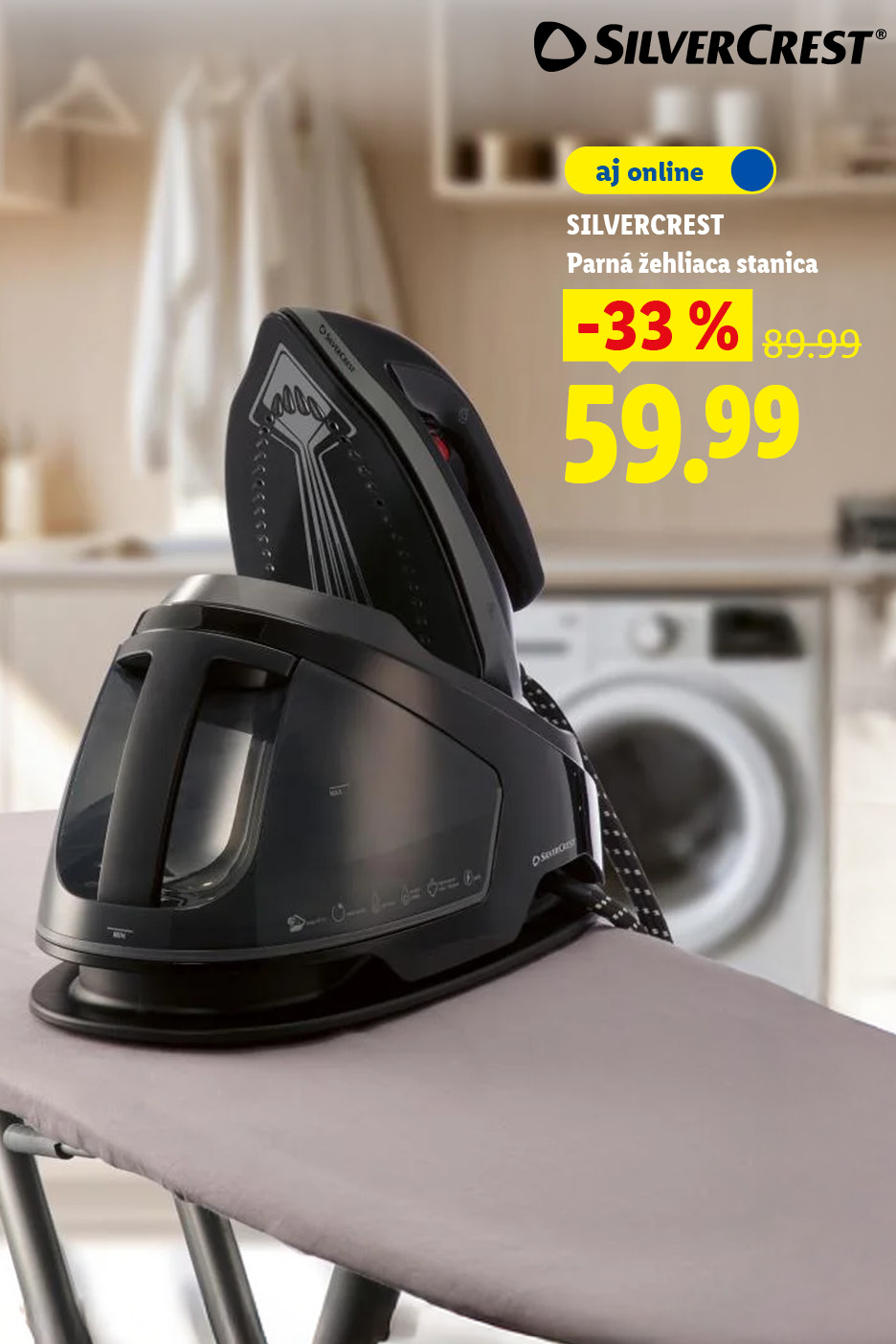 Parná žehliaca stanica Silvercrest na žehliacej doske, zľava 33% na 59,99 €.