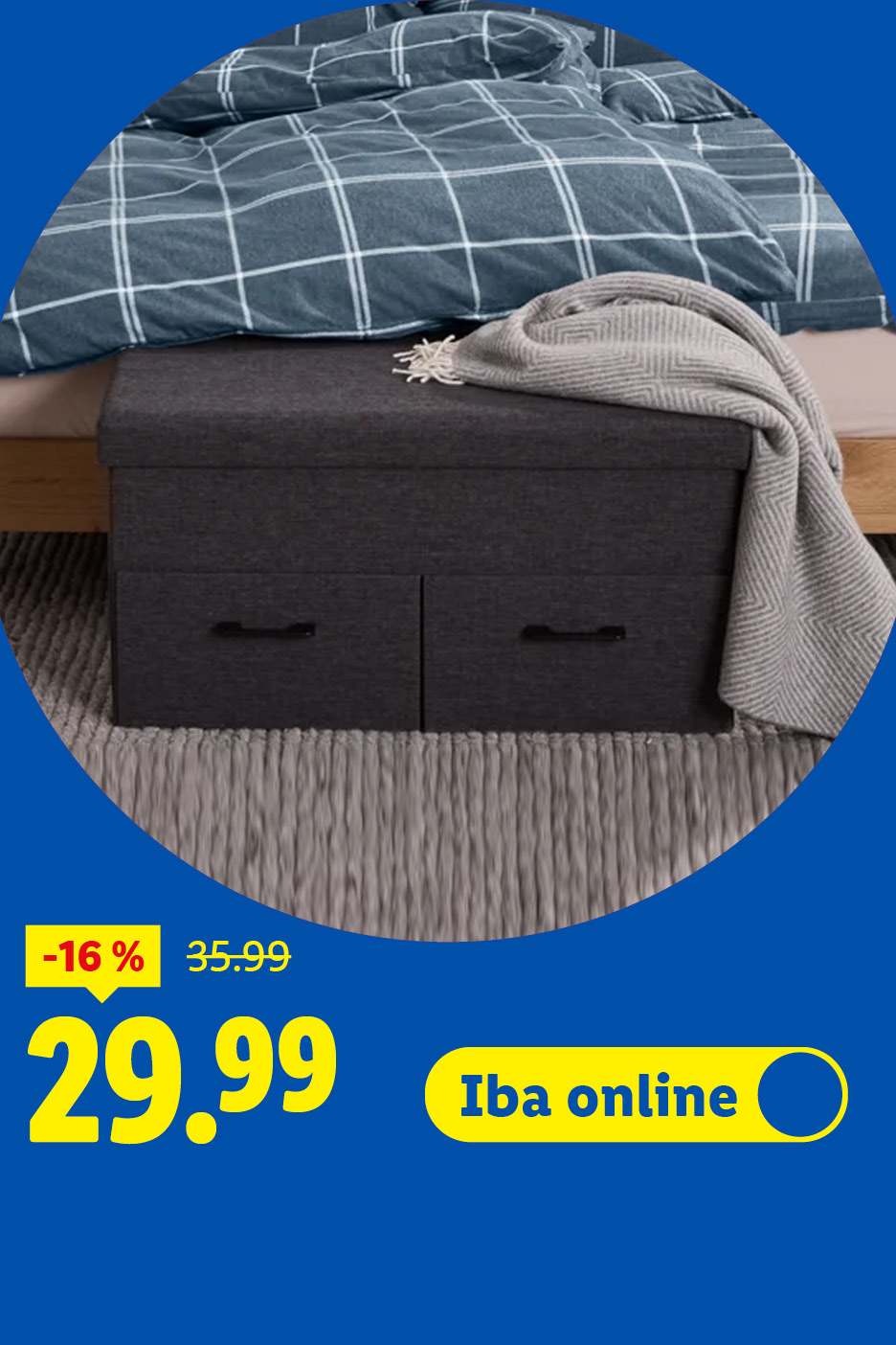 Sivá úložná lavica s dvoma zásuvkami, prikrývka a posteľná bielizeň s károvaným vzorom, zľava 16 % na 29,99.