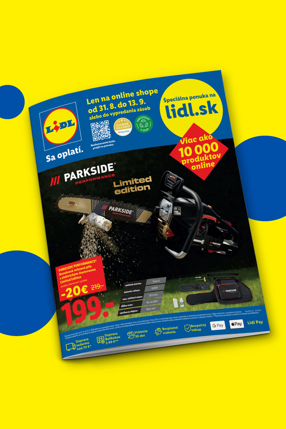 Online magazín. Leták s benzínovou reťazovou pílou v limitovanej edícii za 199 € a informáciami o online ponuke.
