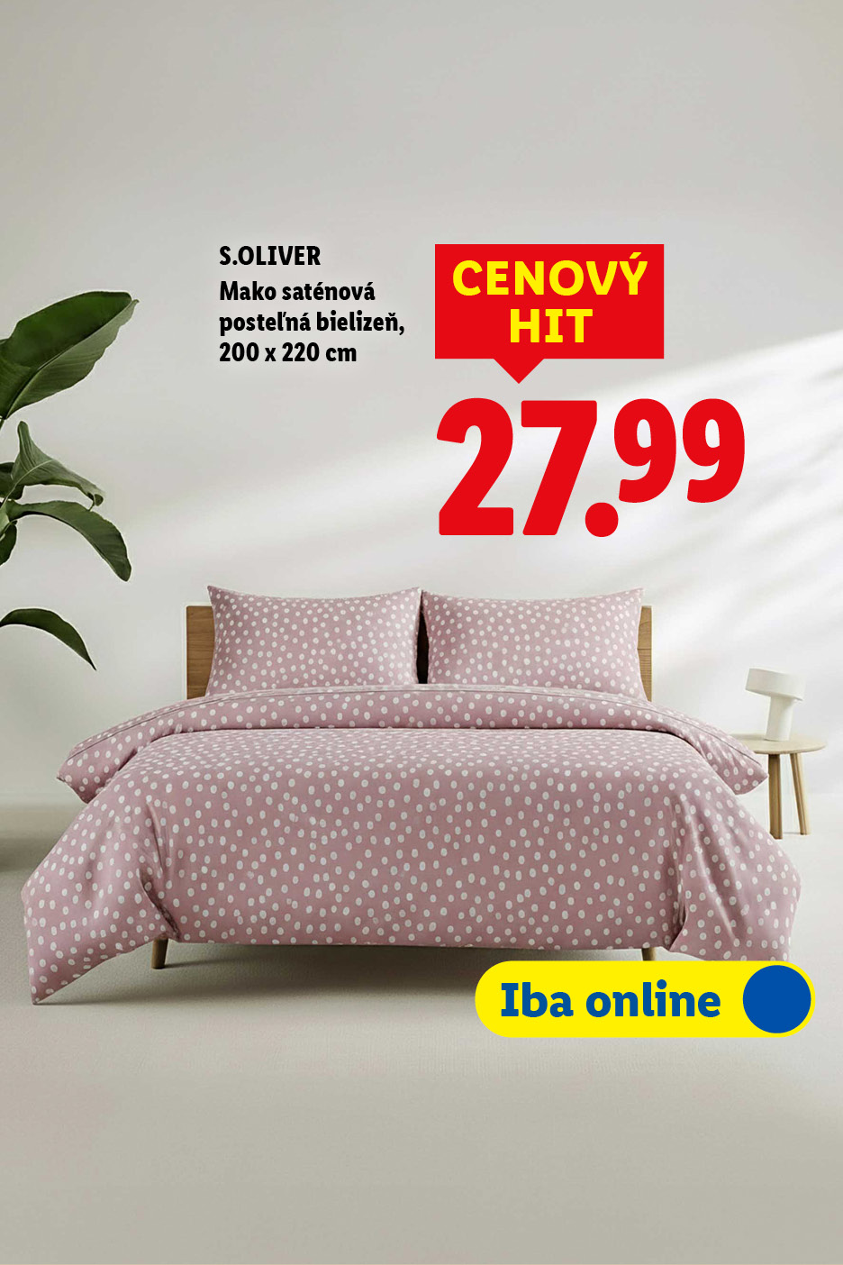 Ružová posteľná bielizeň s bielymi bodkami, rozmery 200 x 220 cm, za 27,99 €.