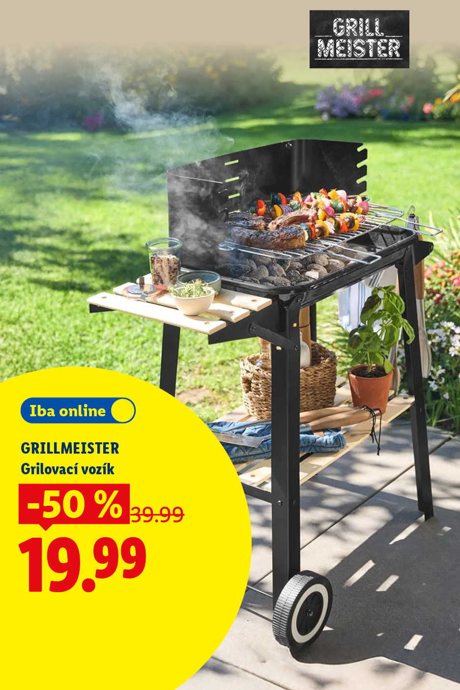Grilovací vozík s grilom a jedlom v záhrade, s cenou 19,99 € a zľavou 50 %.