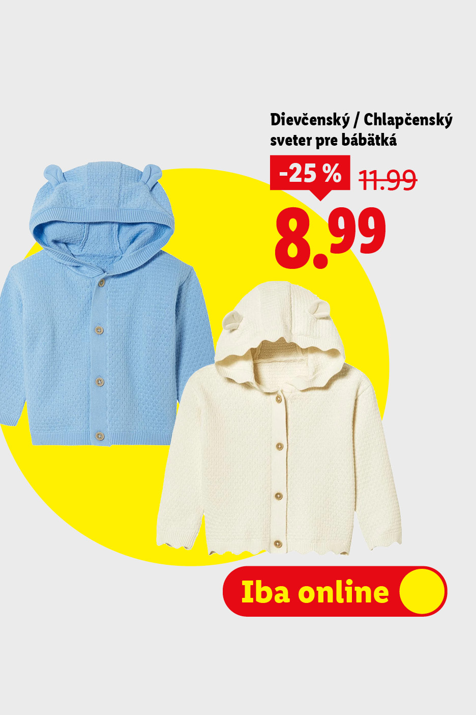 Zľavy na jarnú módu pre najmenších: Detský sveter s kapucňou, zľava 25% z 11,99 € na 8,99 €, dostupné online na e-shope.