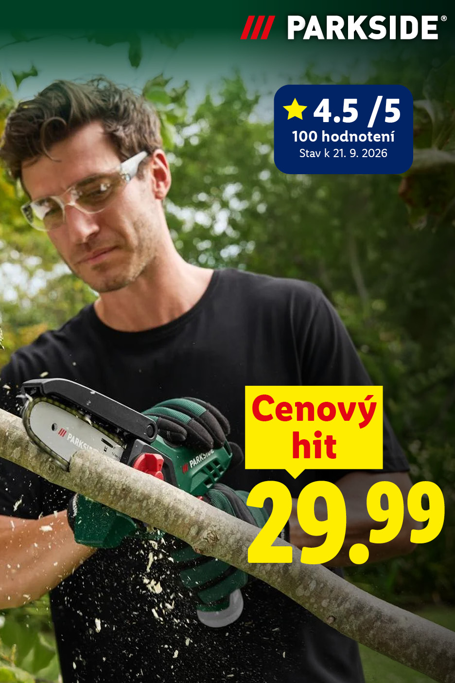 Jesenná príprava záhrady: PARKSIDE Aku reťazová píla za 29,99 € (Cenový hit, hodnotenie 4.5/5 na základe 100 hodnotení). Iba online.