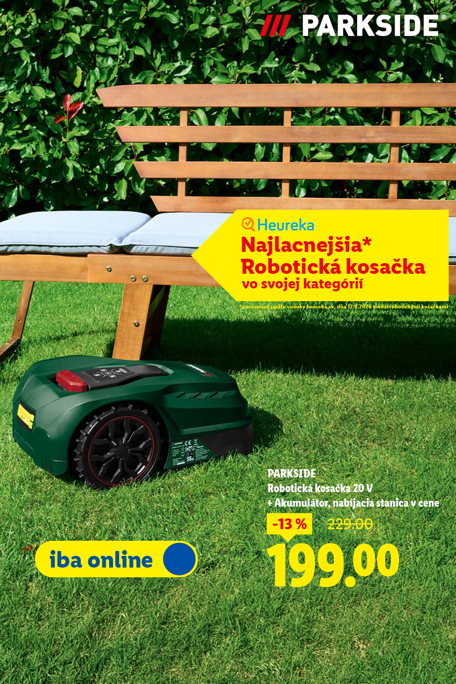 Robotická kosačka na trávu s akumulátorom a nabíjacou stanicou za 199,00 €.
