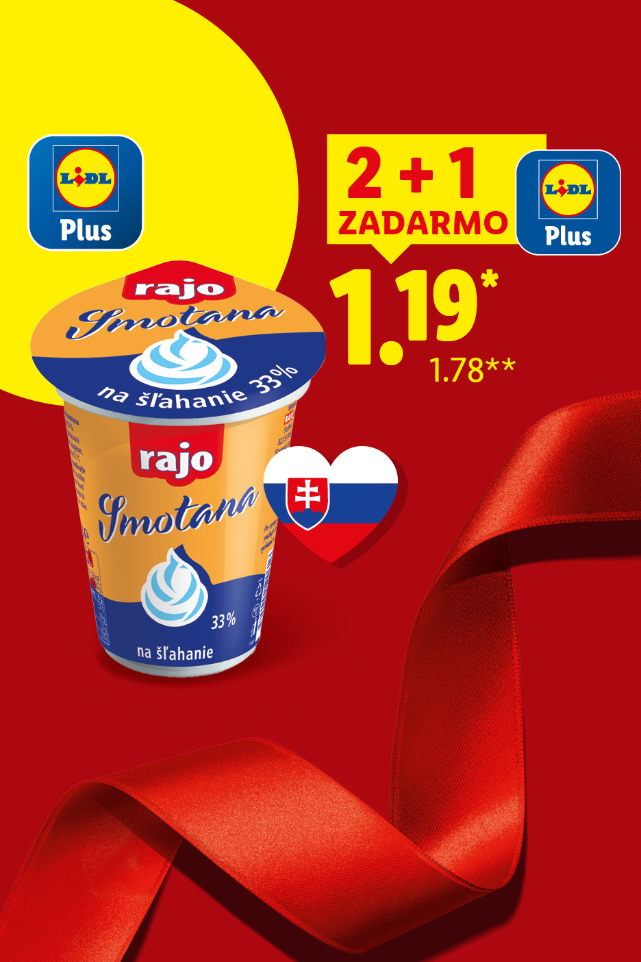 Rajo smotana na šľahanie 33% v akcii 2+1 zadarmo za 1,19 € s Lidl Plus.
