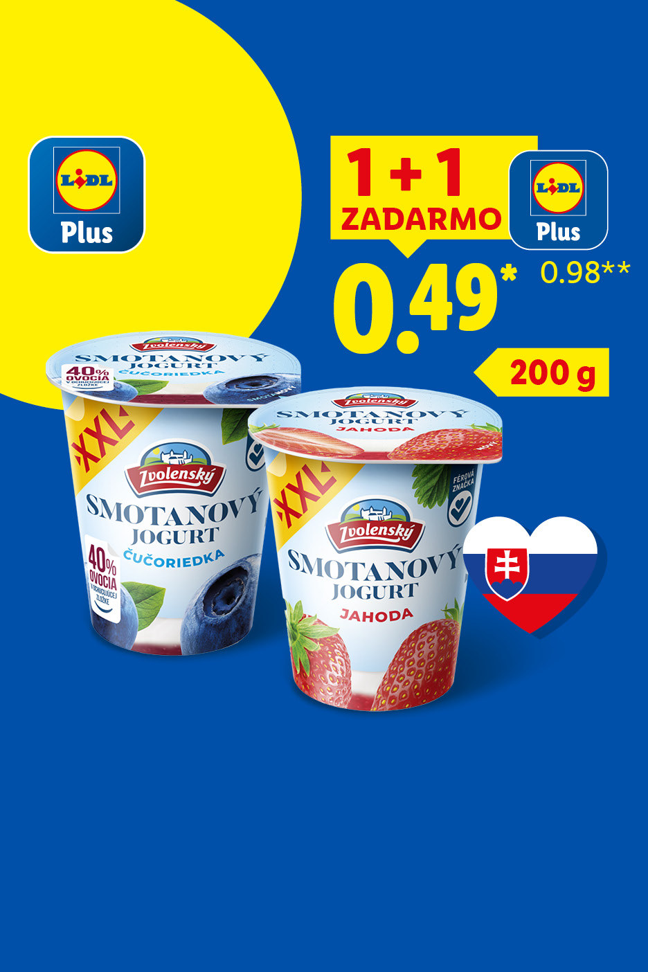 Zvolenský smotanový jogurt čučoriedka a jahoda, 1+1 zadarmo za 0,49 €.