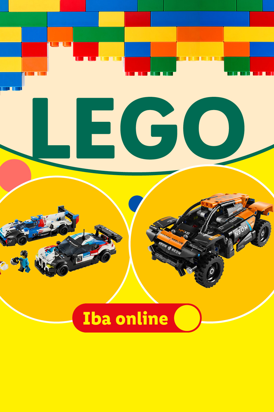 Lego Speed Champions BMW M Motorsport autá a minifigúrky na žltom pozadí s Lego kockami.