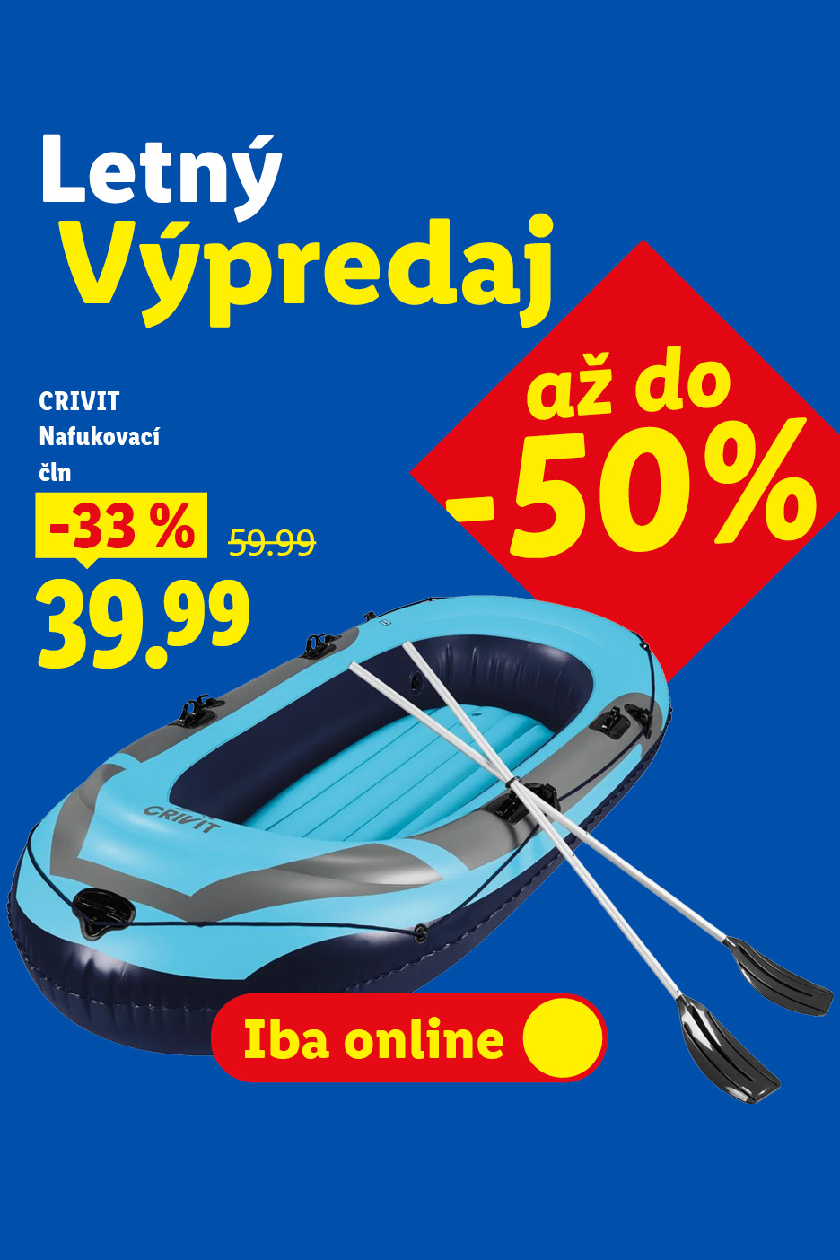 Letný výpredaj nafukovacieho člna so zľavou 33% za 39,99 € (pôvodne 59,99 €), zľavy až do 50%.