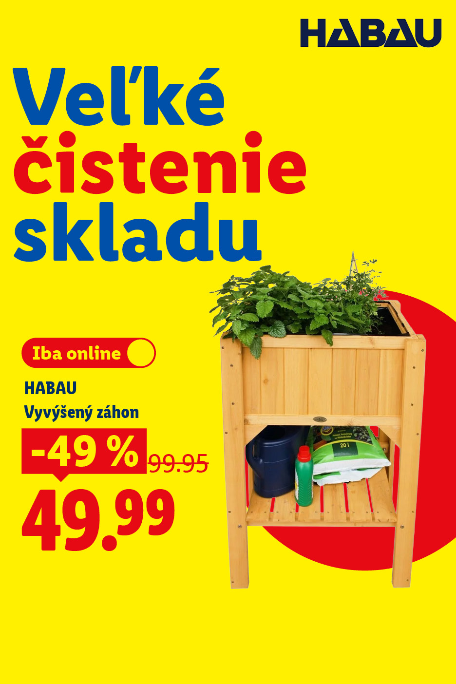 Žltý reklamný banner s textom „Veľké čistenie skladu“ a vyvýšeným záhonom so zľavou 49%.