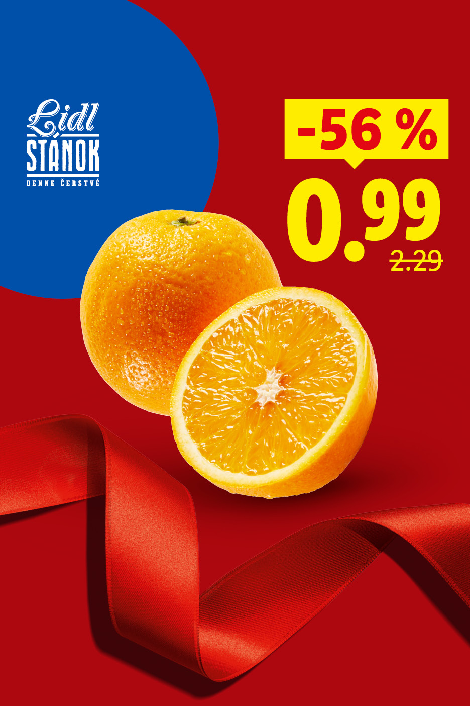 Lidl Stánok: čerstvé pomaranče na červenom pozadí s modrým kruhom a stuhou.