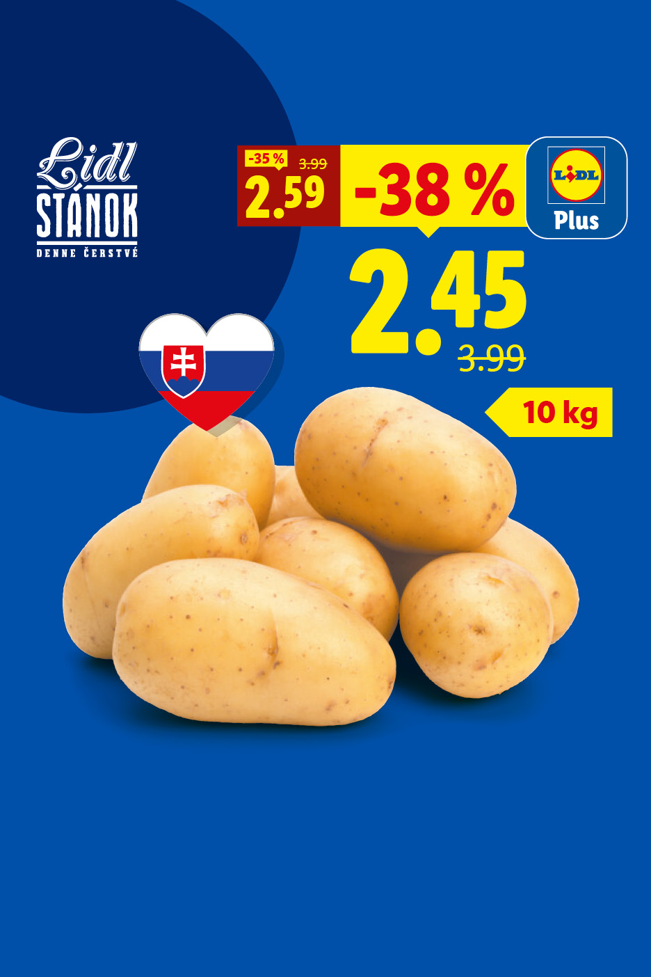 Zemiaky v akcii, 10 kg balenie, s cenami 2,59 € (-35%) a 2,45 € (-38%) pre Lidl Plus.