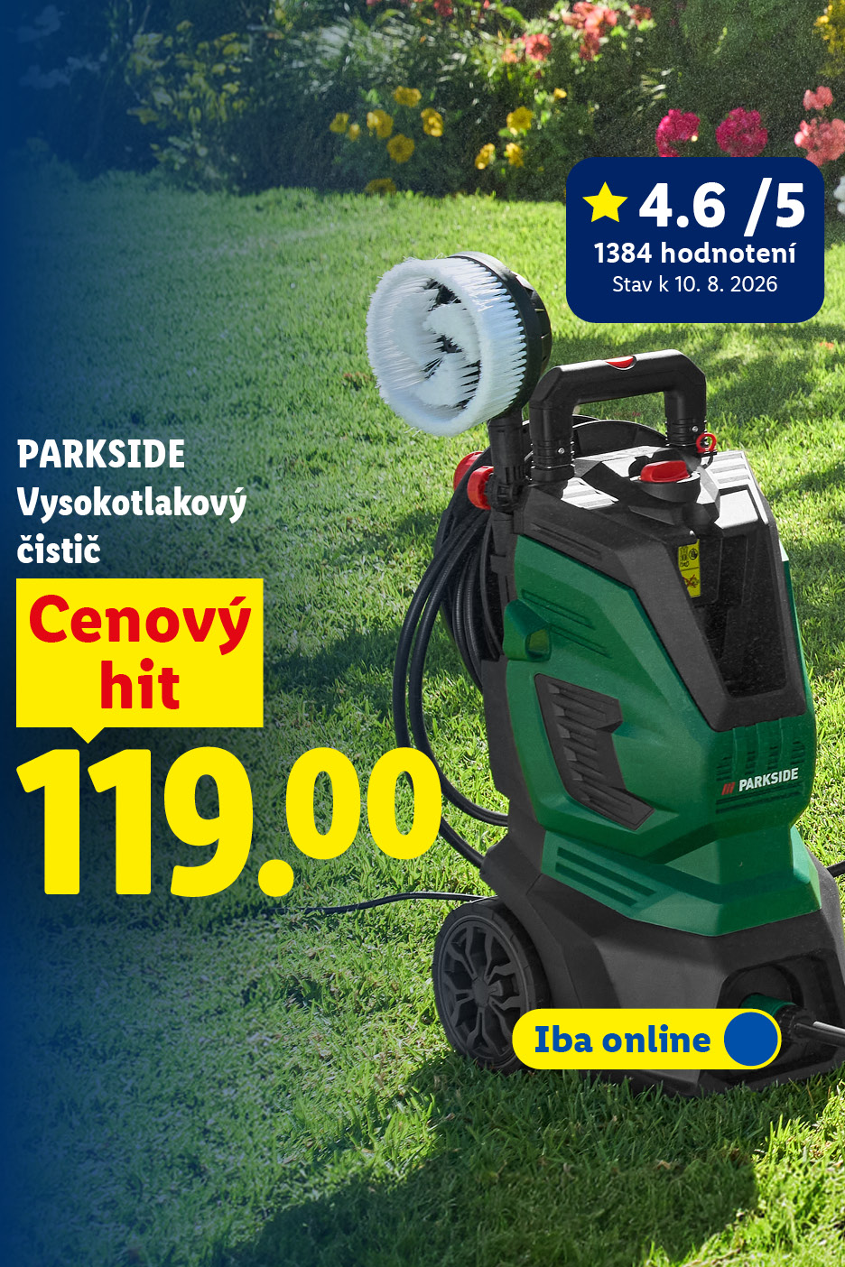 Vysokotlakový čistič s kefou, cena 119.00, hodnotenie 4.6/5, dostupný online.