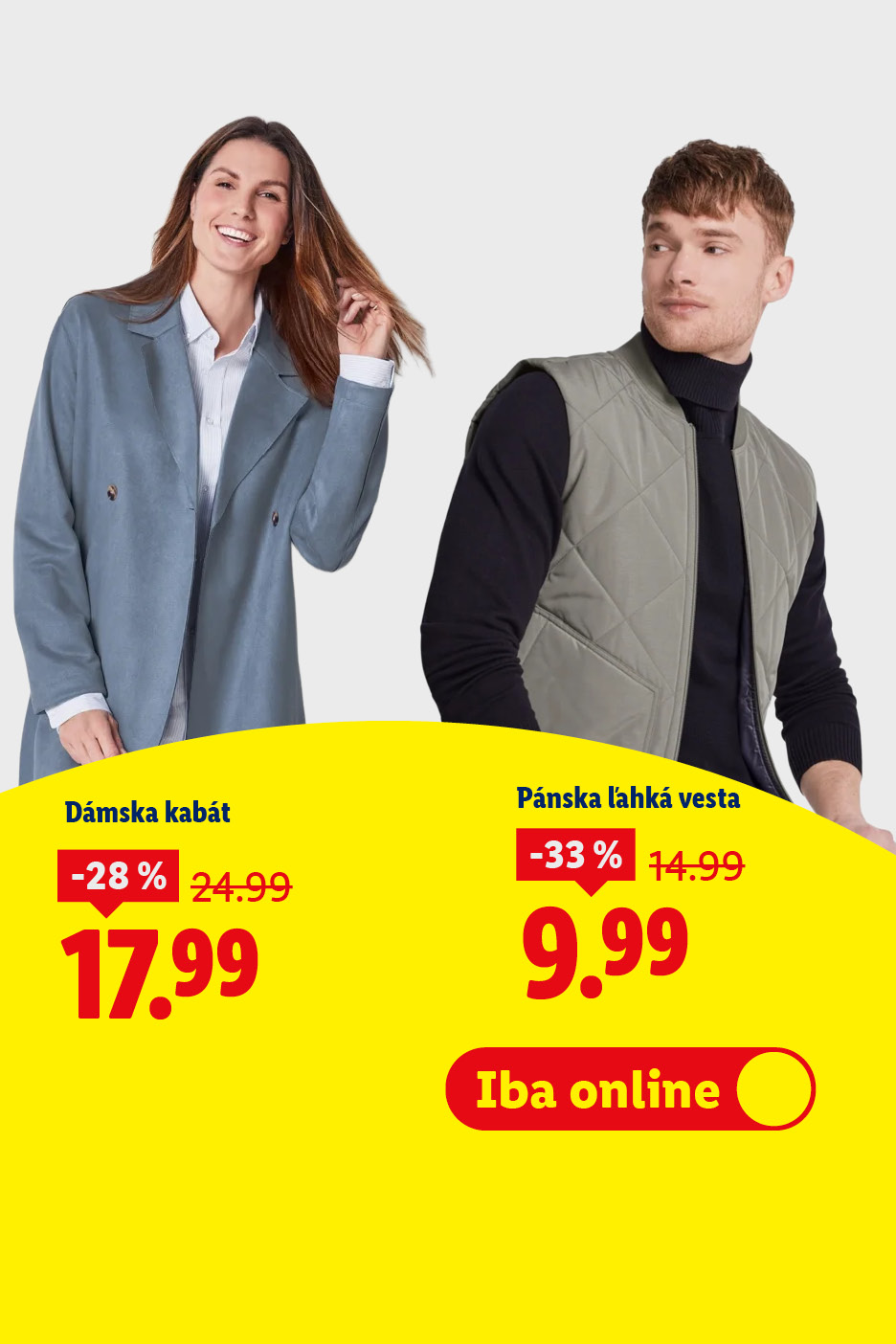 Prechodná móda: Dámsky kabát a pánska ľahká vesta so zľavou, dostupné online.