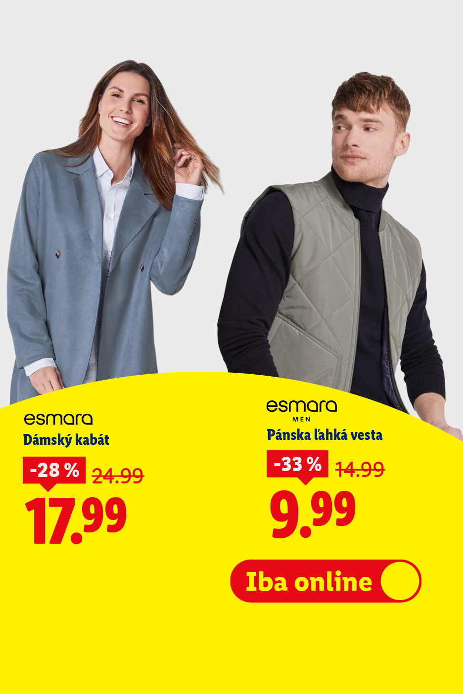 Prechodná móda: Dámsky kabát a pánska ľahká vesta so zľavou, dostupné online.