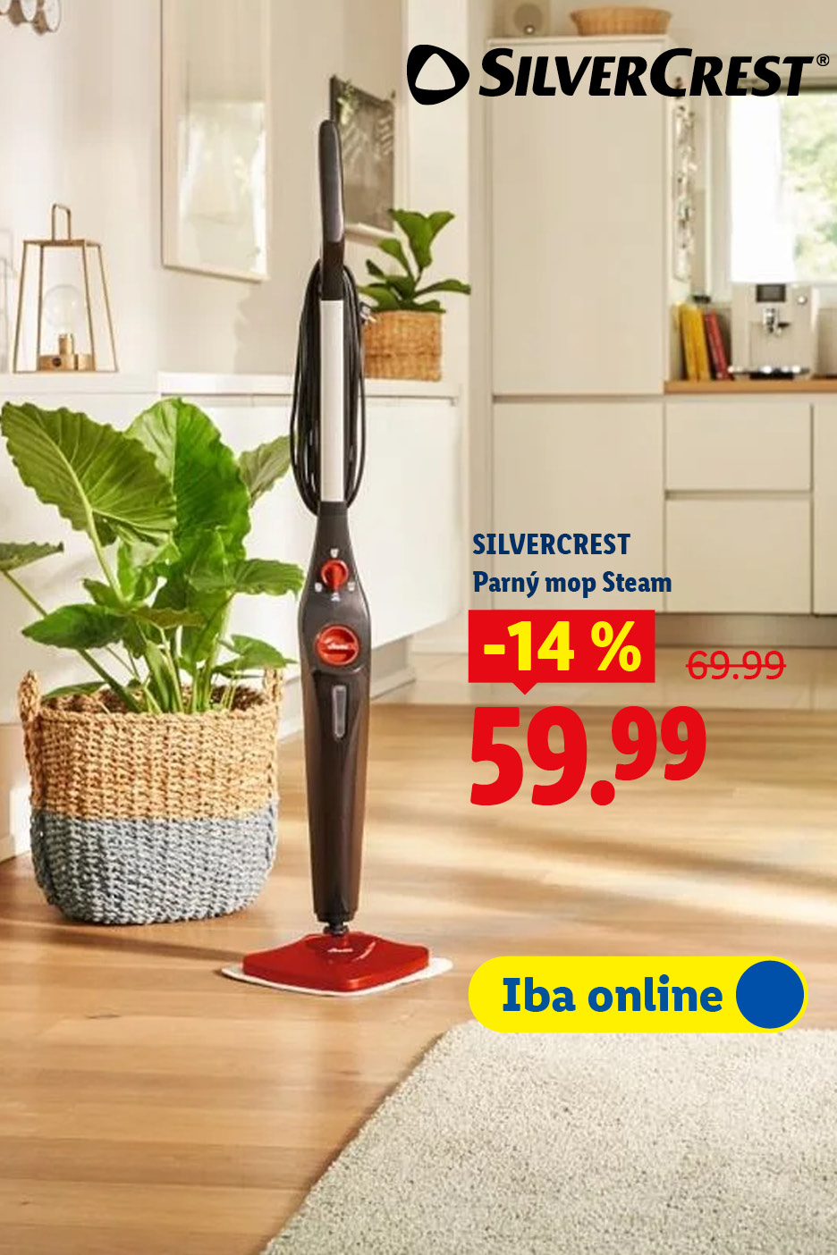 Parný mop v obývačke, zľava 14%, cena 59.99, dostupné online.