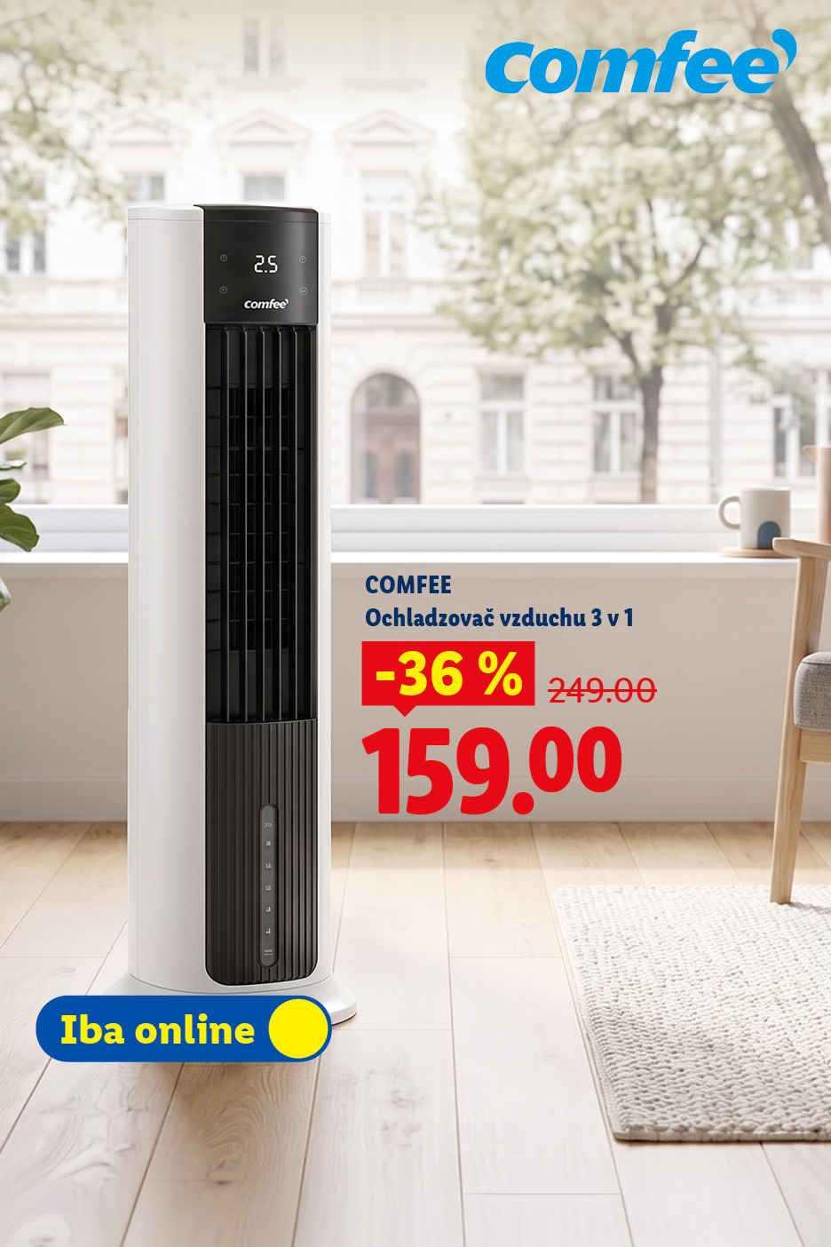 Biely stĺpový ventilátor v obývačke s 36% zľavou a cenou 159,00 eur.