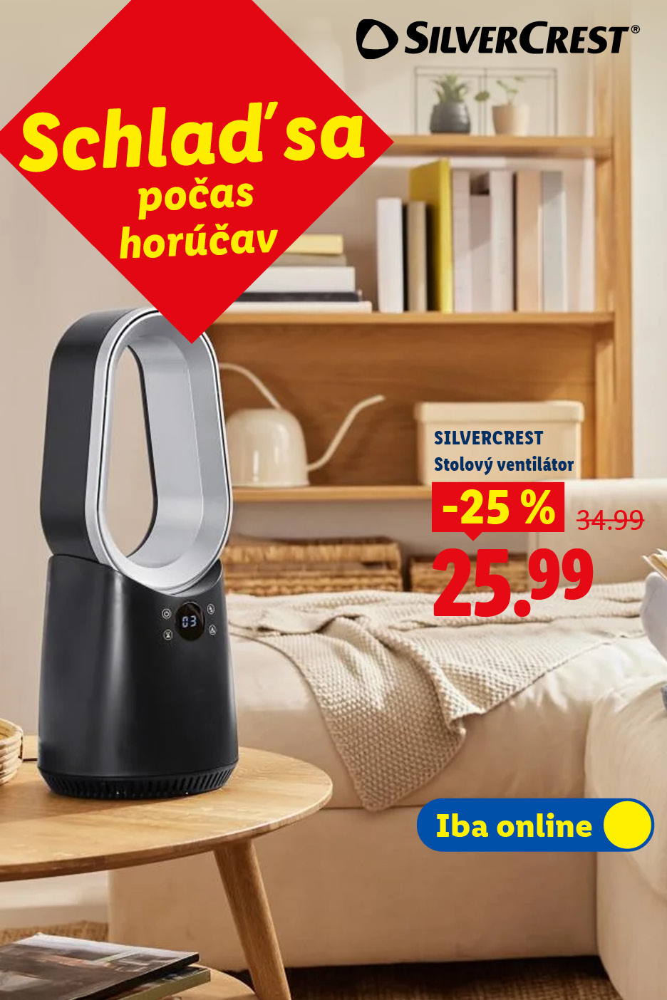 Stolový ventilátor v obývačke, zľava 25% na 25,99 €.