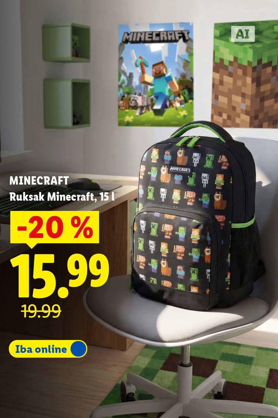 Čierny ruksak s motívom Minecraftu, zľava 20%, cena 15,99 eur, pôvodná cena 19,99 eur, dostupný online.