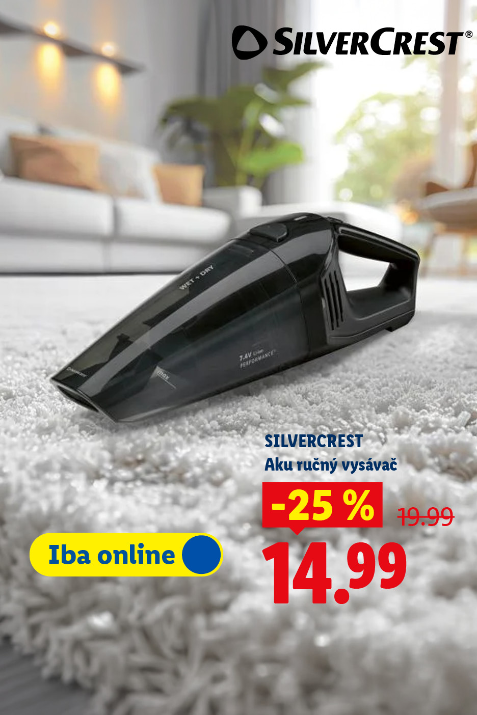 Upratovanie so Silvercrest. Čierny ručný vysávač so zľavou 25% a cenou 14,99 €.