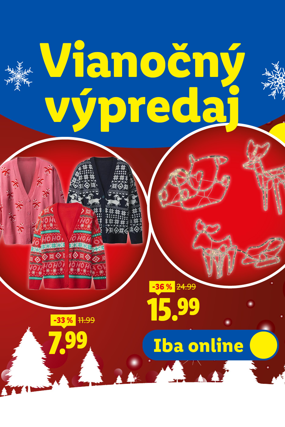 Vianočný výpredaj: svetre s vianočným motívom a svetelné dekorácie, dostupné online.