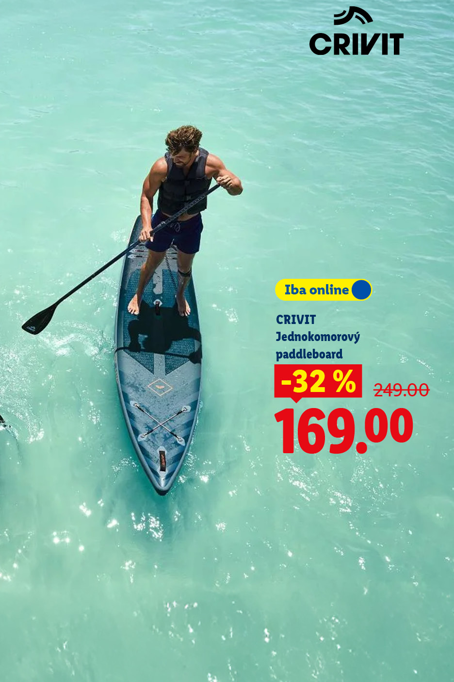 Muž na paddleboarde na tyrkysovej vode, zľava 32% na 169,00.