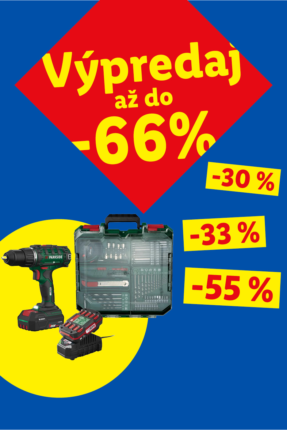 Výpredaj až do -66 %: PARKSIDE Aku vŕtací skrutkovač s príslušenstvom za 44,99 € (zľava -55 %, pôvodne 99,99 €). Iba online.