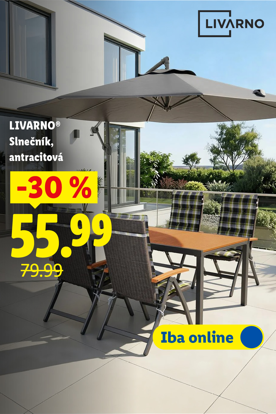 Záhradný nábytok. Iba online. Vrátane slnečníka antracitovej farby, zľava 30% na 55.99 eur.
