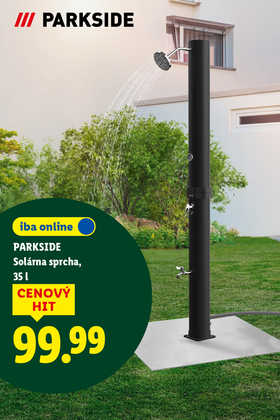 Zavlažovanie s Parkside. Vonkajšia solárna sprcha s objemom 35 litrov, cenový hit za 99,99 eur.