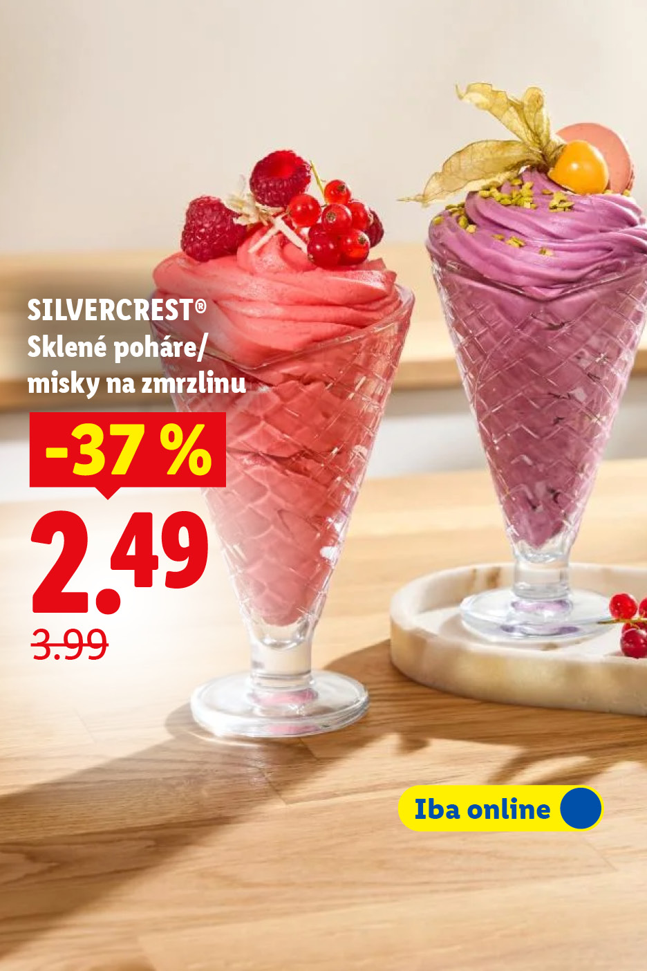 Dva poháre zmrzliny s ovocím, zľava 37% na 2,49 €.