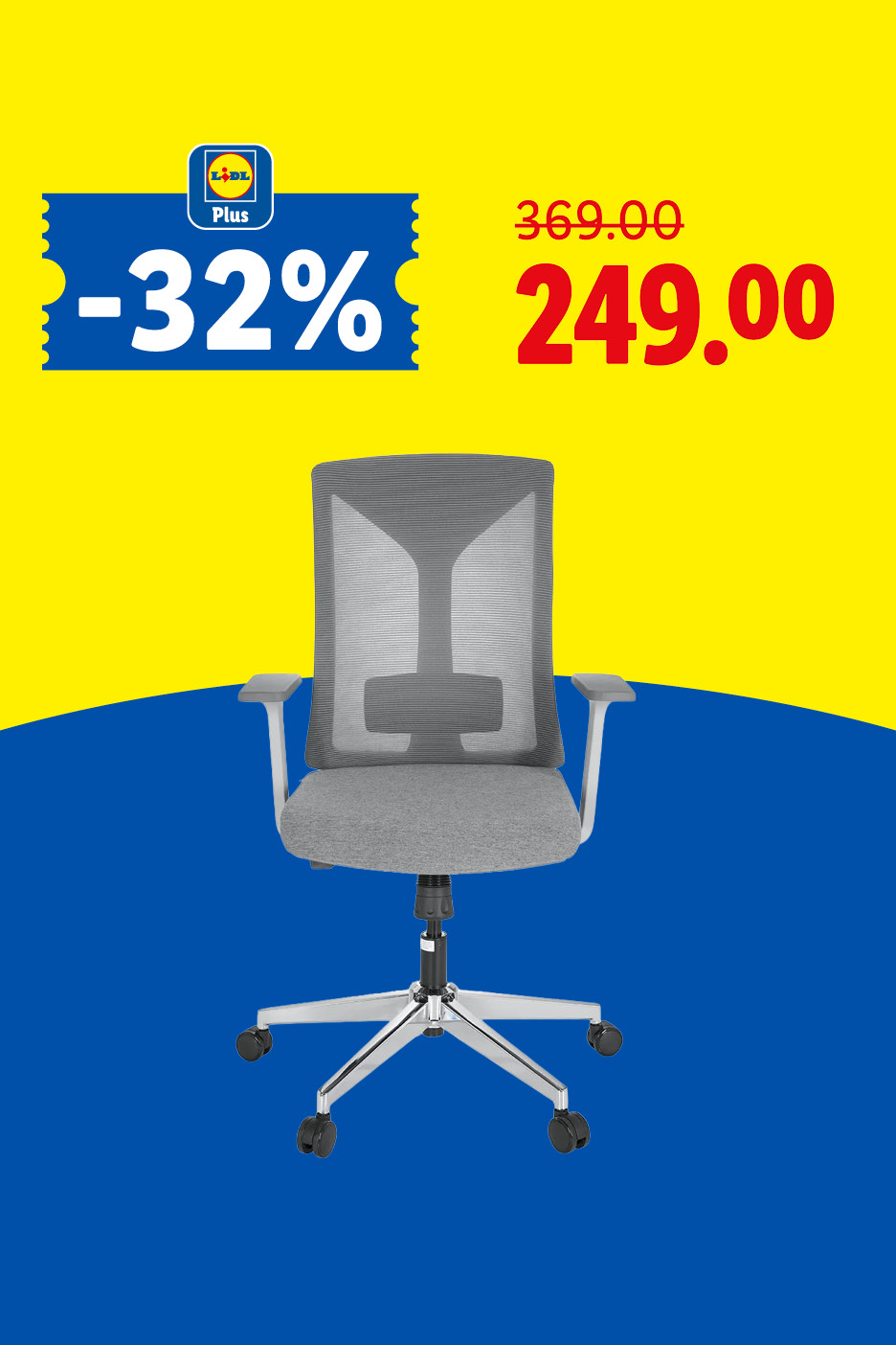 Kancelárska stolička so zľavou 32 %, z 369,00 na 249,00.