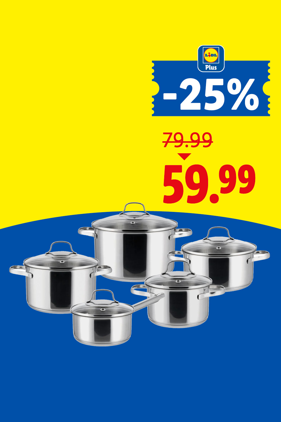 Súprava nerezových hrncov s pokrievkami, zľava 25% z 79,99 na 59,99.
