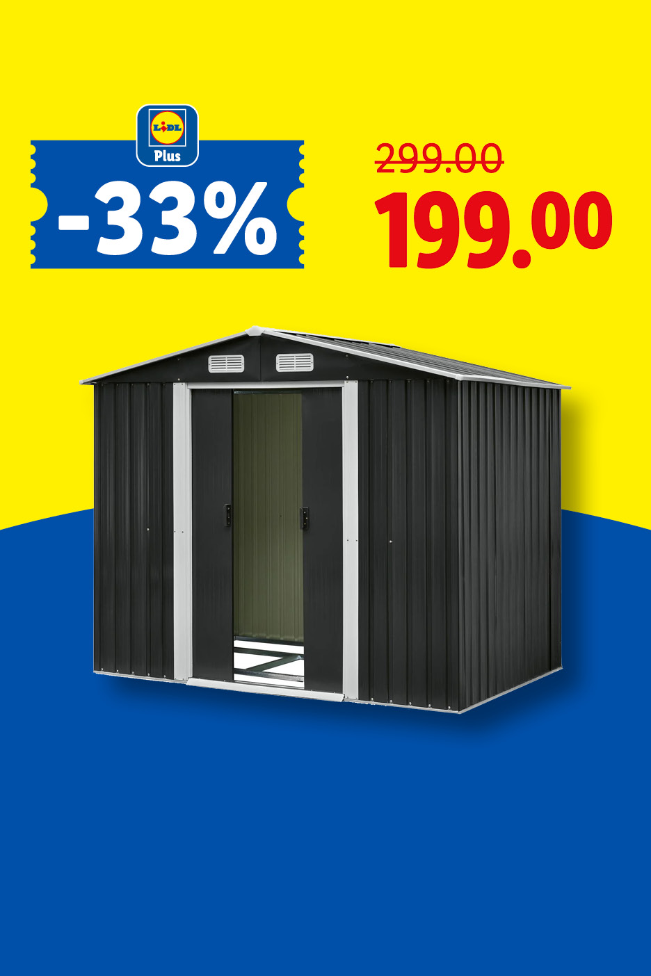 Čierna záhradná kôlňa s otvorenými dverami, zľava 33% z 299,00 na 199,00.