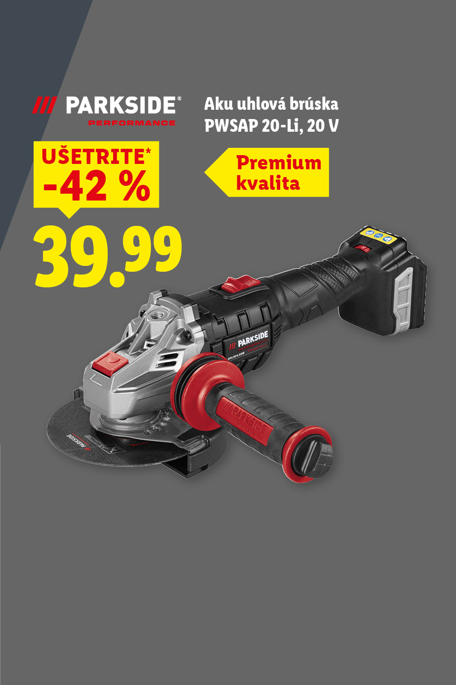 Akumulátorová uhlová brúska Parkside Performance s prídavnou rukoväťou a rezným kotúčom.
