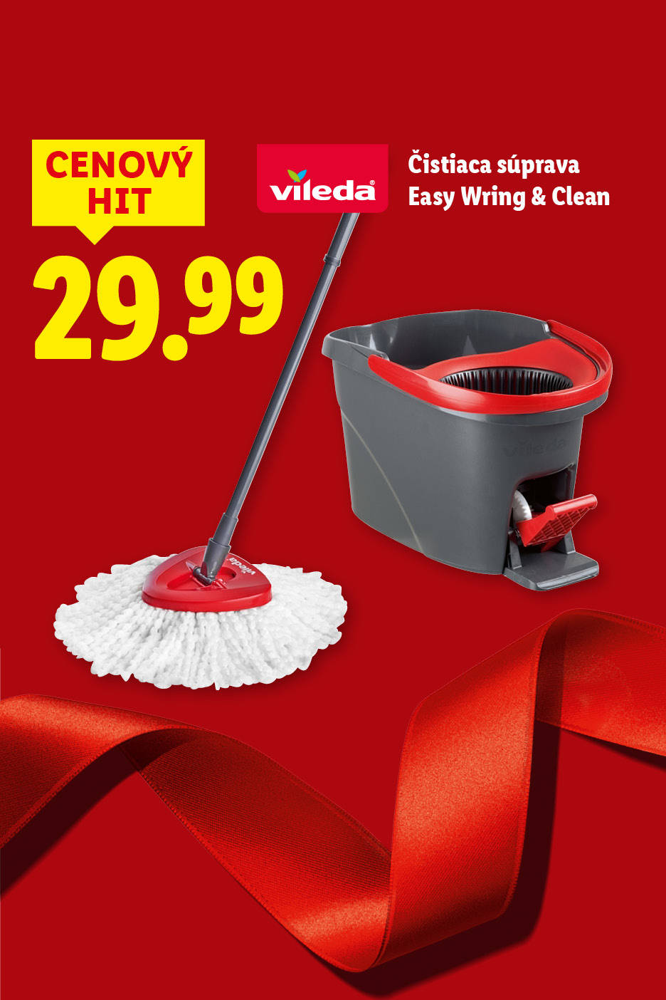 Vileda čistiaca súprava Easy Wring & Clean za 29,99 € na červenom pozadí.