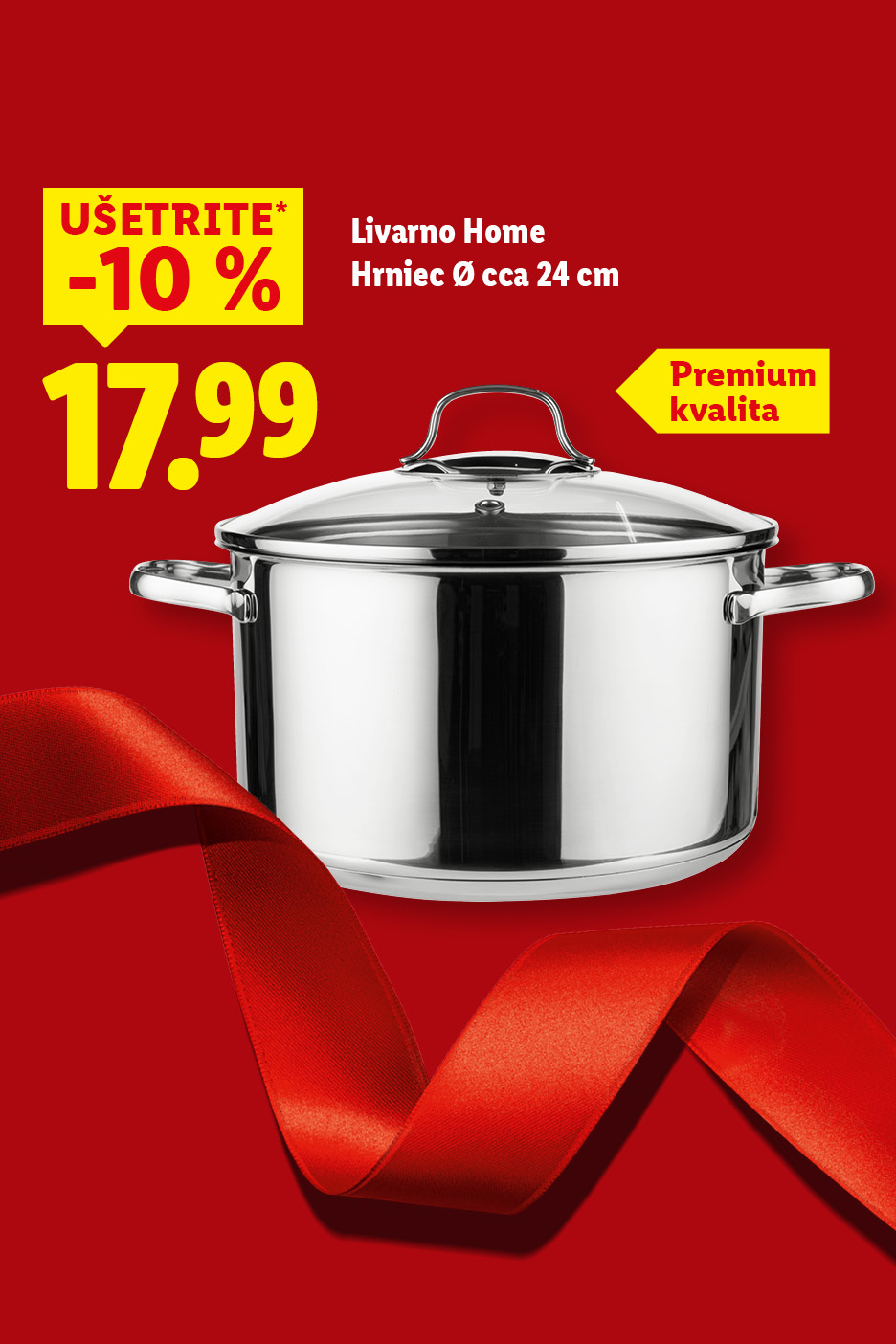 Nerezový hrniec Livarno Home s pokrievkou, priemer 24 cm, zľava 10% za 17,99 €.