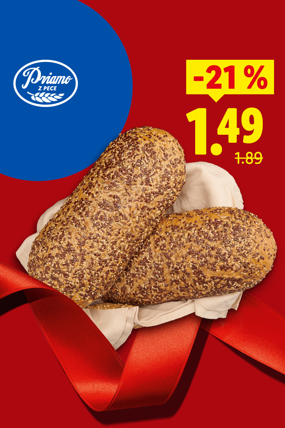 Dva bochníky chleba so semienkami na červeno-modrom pozadí s logom Priamo z pece.