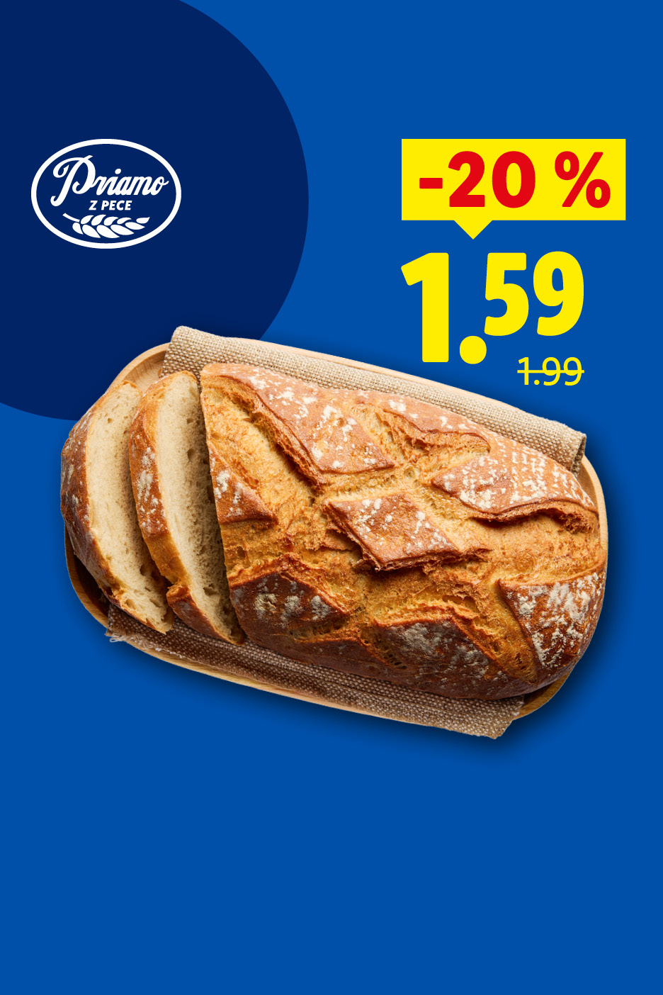 Čerstvo upečený chlieb na drevenej doske, s 20% zľavou, cena 1,59.