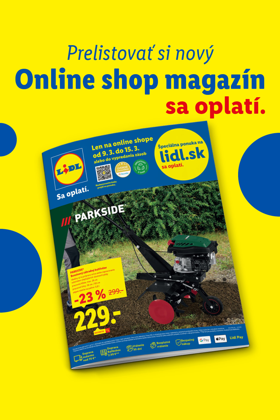 Online shop magazín s ponukou záhradného kultivátora a informáciami o doprave a platbe.