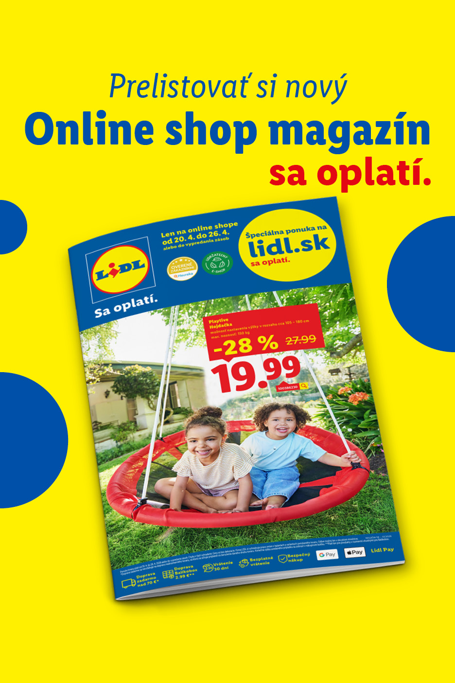 Dve deti sa hrajú na červenej hojdačke, s ponukou zľavy 28% na hojdačku.