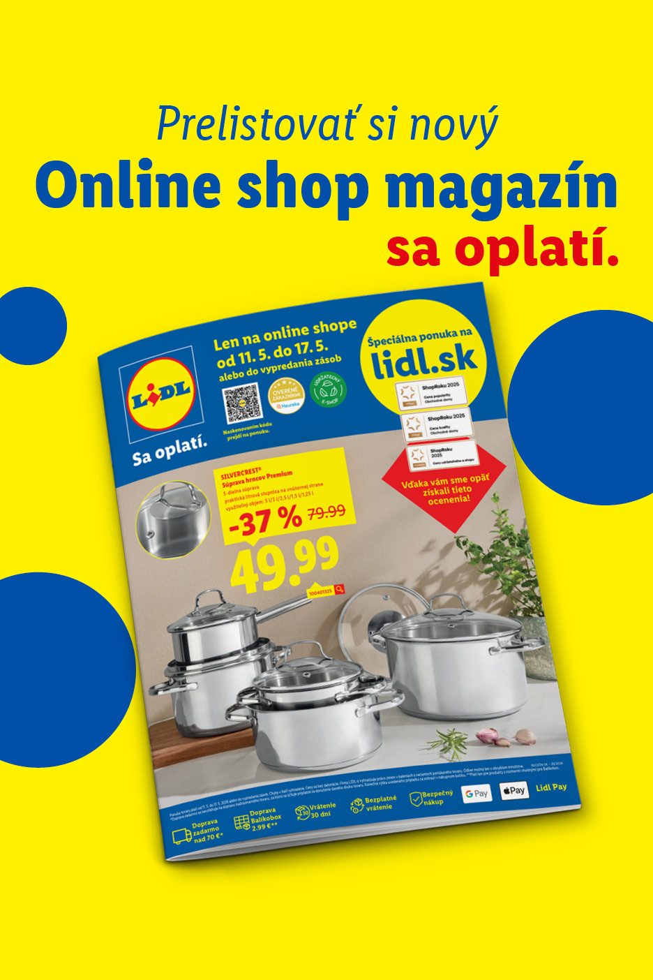 Obal online magazínu Lidl s ponukou súpravy hrncov a informáciami o doprave a vrátení tovaru.