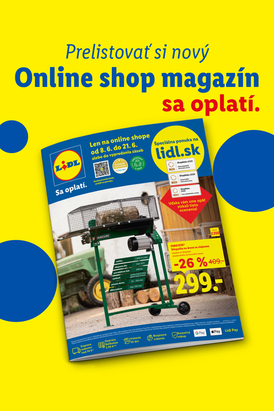 Online shop magazín s ponukou štiepačky na drevo a informáciami o doprave a platbe.