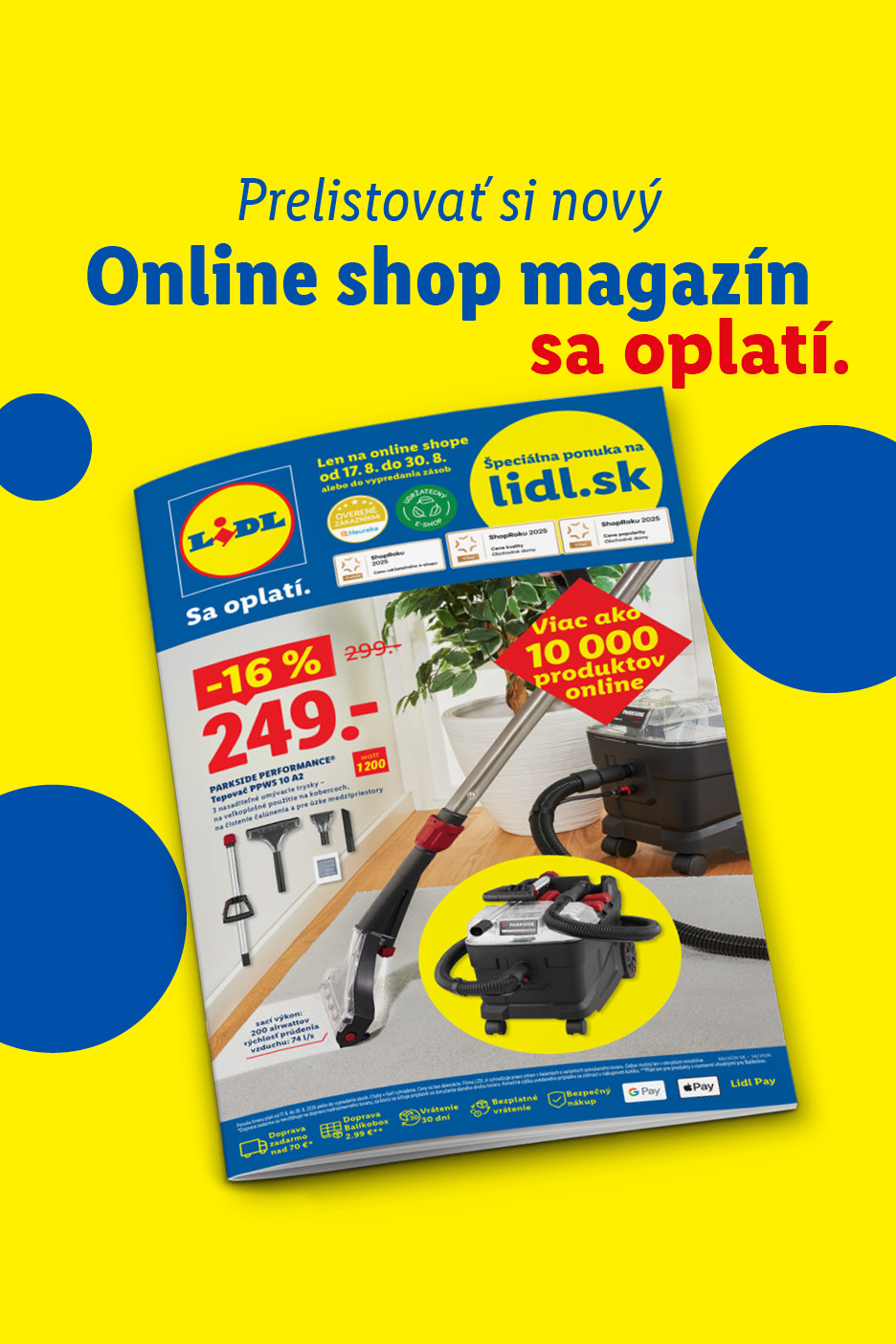 Online shop magazín s ponukou tepovača a ďalších produktov, zvýrazňujúci zľavy a online dostupnosť.