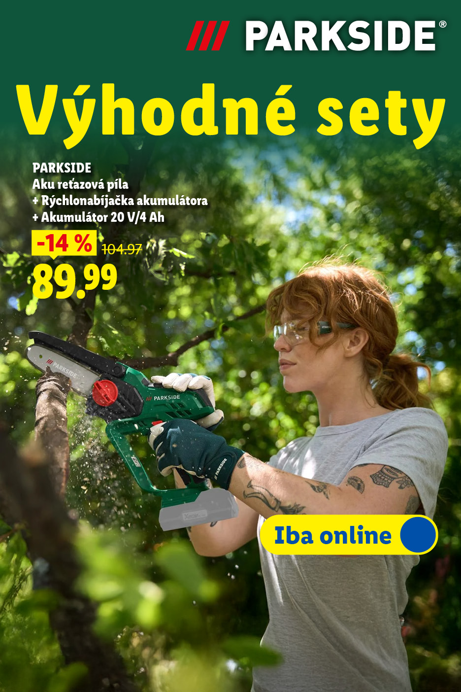 Výhodné sety: Akumulátorová reťazová píla, ktorá je súčasťou výhodného setu s nabíjačkou a akumulátorom, zľavneného na 89,99 eur.