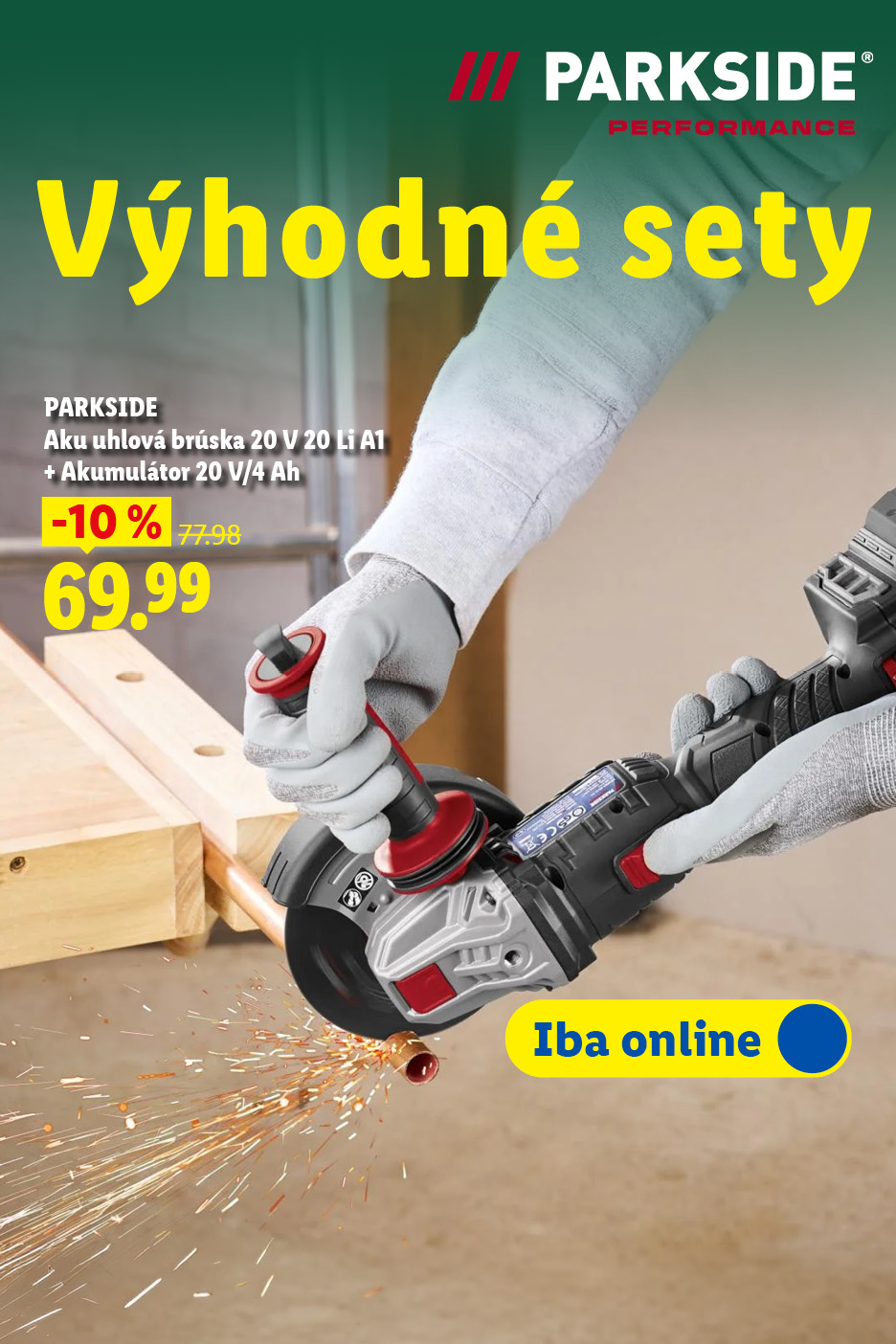Výhodné sety: Akumulátorová uhlová brúska s akumulátorom a kufrom so zľavou 10%. za 69,99 eur. Iba online.