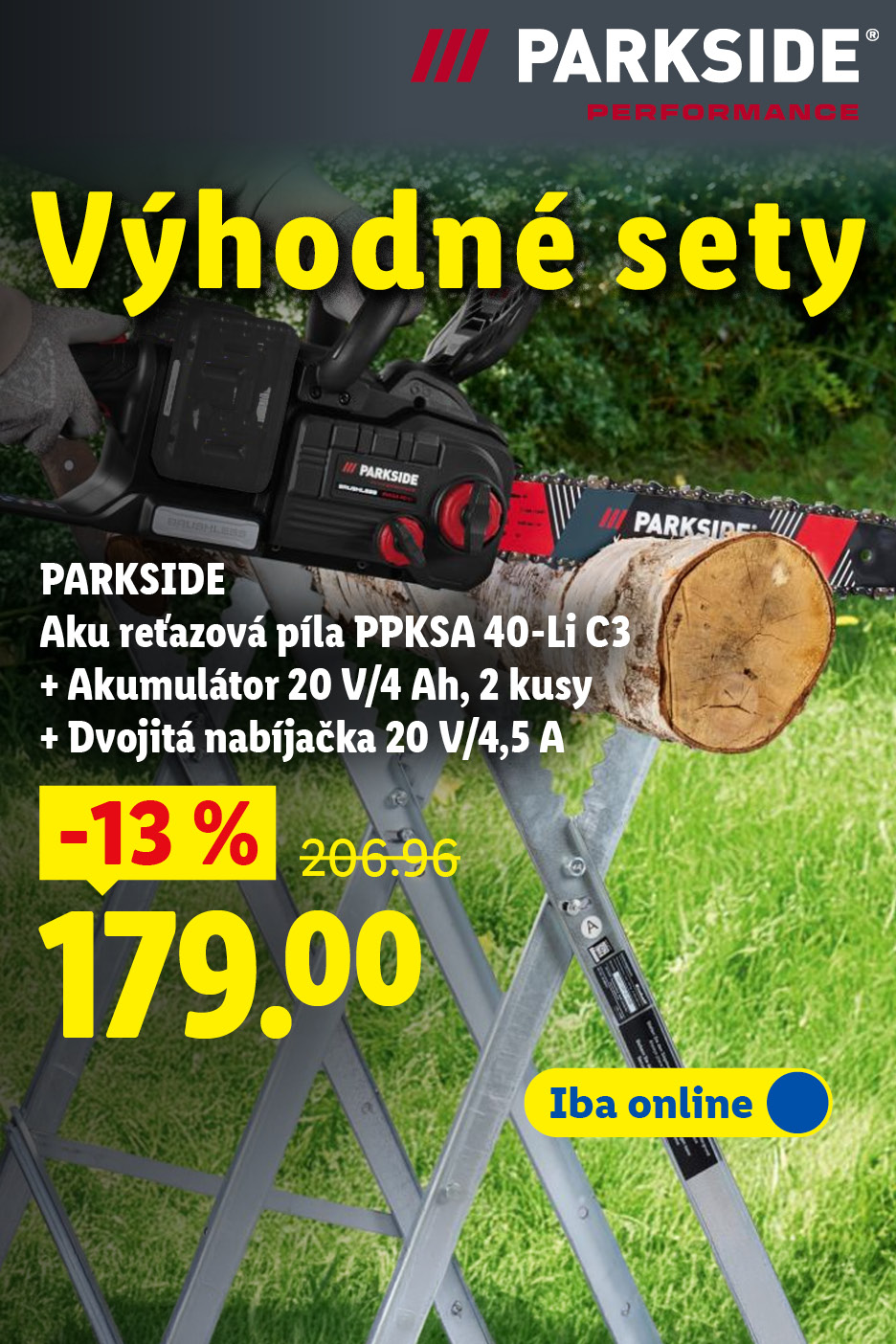 Výhodné sety. Akumulátorová reťazová píla s batériami a nabíjačkou, zľava 13% za 179,00 €.